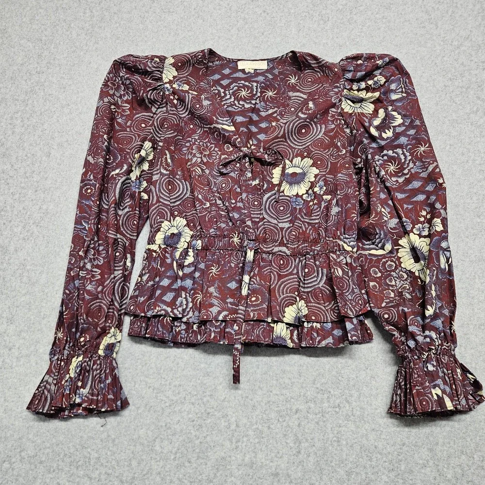 Ulla Johnson Floral Tie Front Blouse Puff Sleeve Bohemian Top Size 4